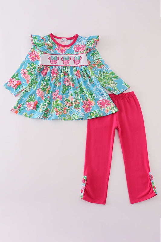 Green floral character applique pants set