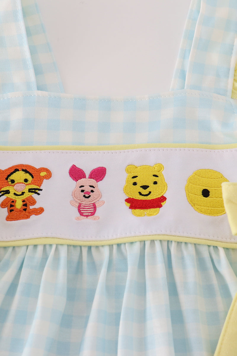 Blue character embroidery gingham ruffle dress