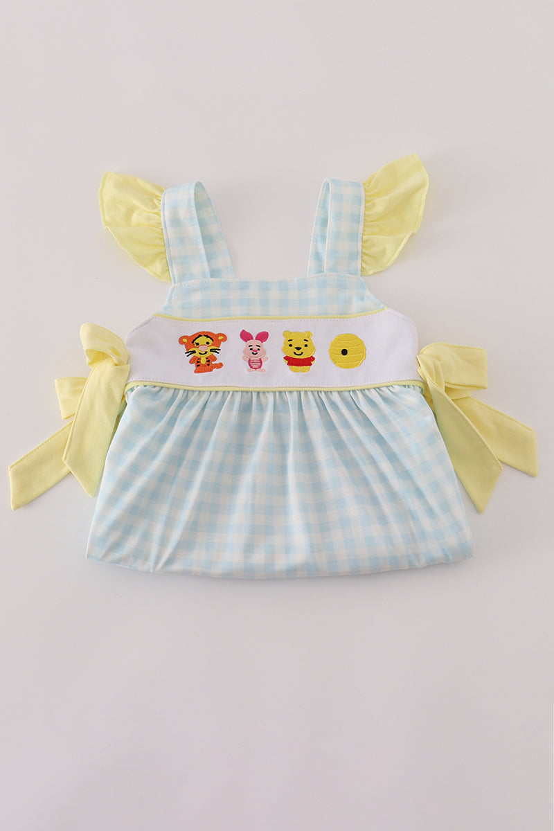Blue character embroidery gingham ruffle dress