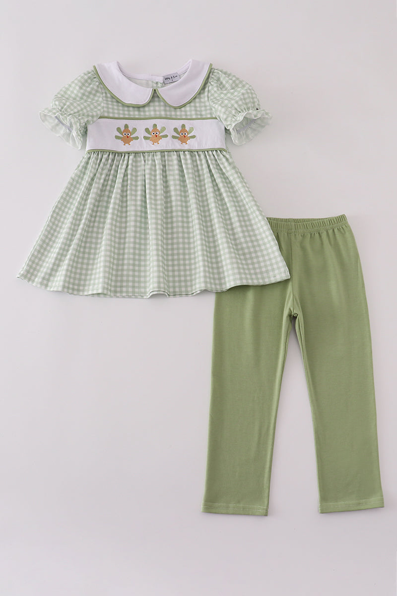Sage turkey embroidery gingham pants set
