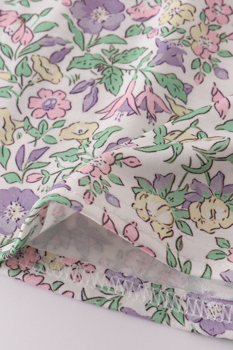 Purple floral print ruffle dress