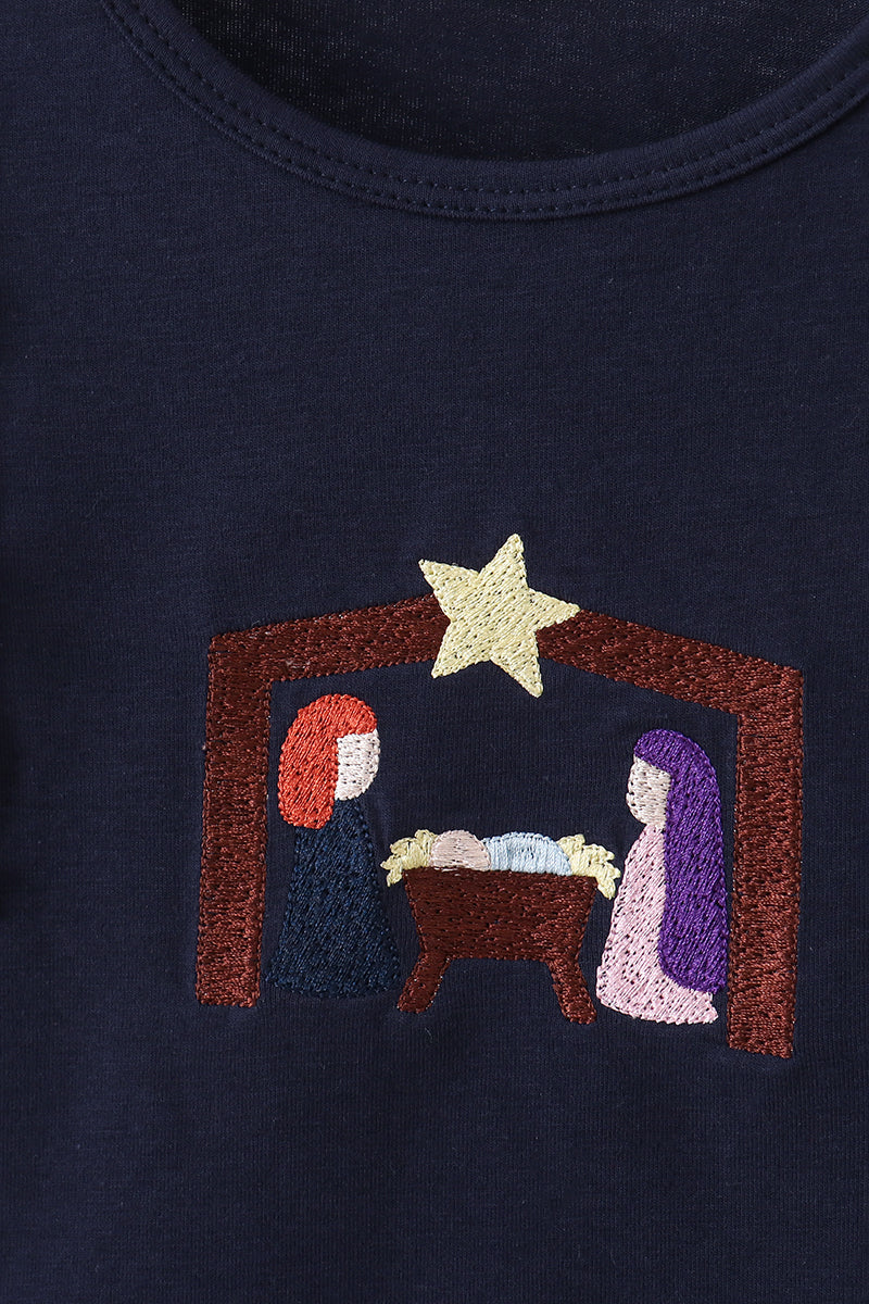 Navy nativity embroidery ruffle dress