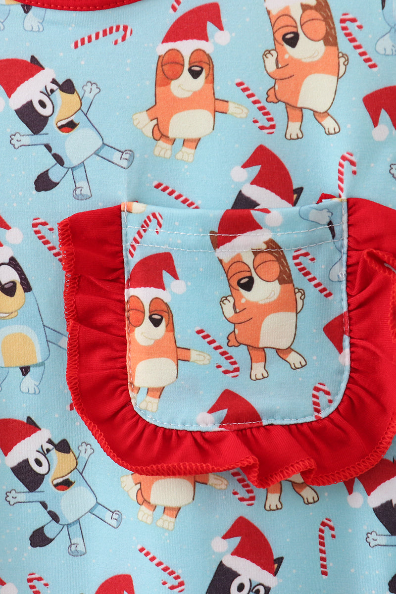 Blue christmas character print pajamas ruffle pants set