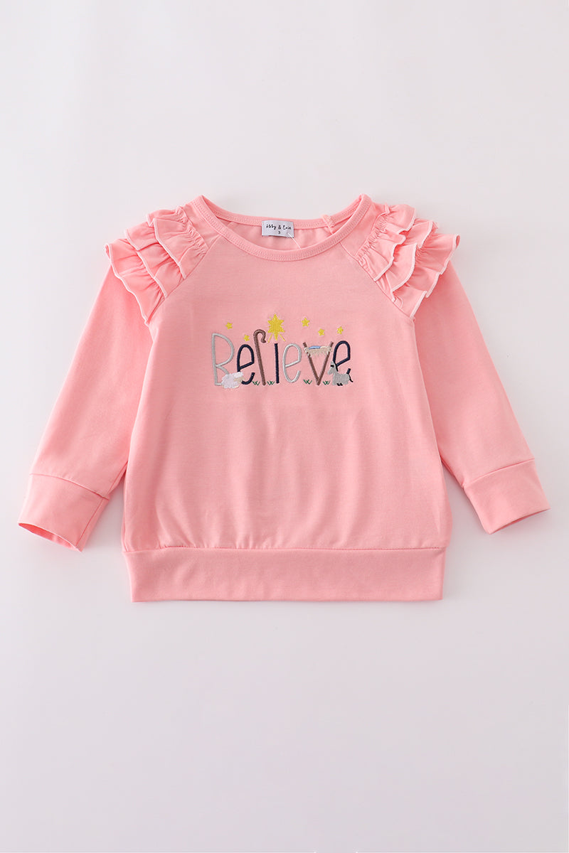 Pink believe embroidery ruffle top