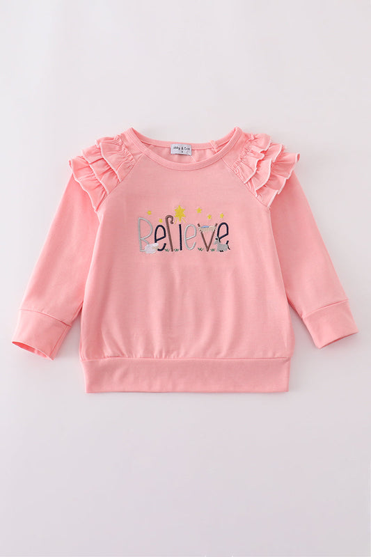 Pink believe embroidery ruffle top
