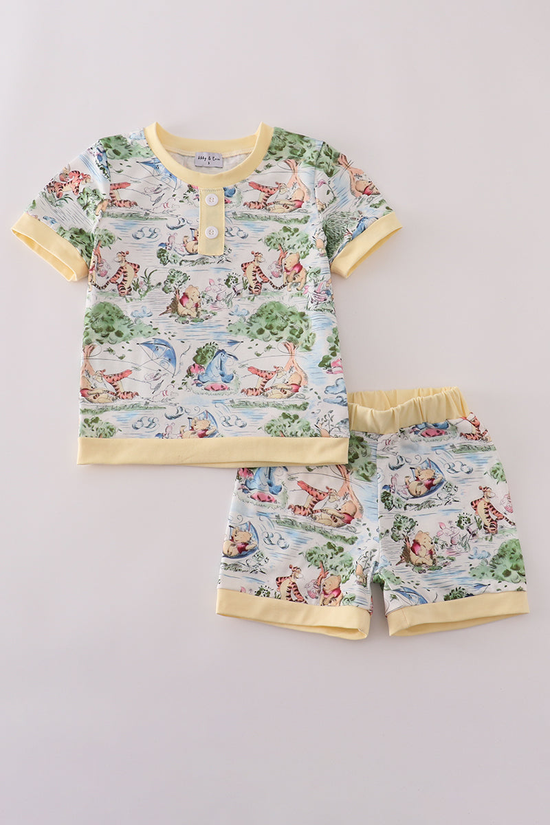 Yellow character print shorts set