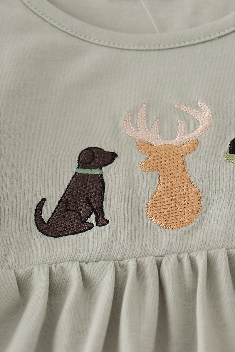 Blue dog deer embroidery ruffle pants set
