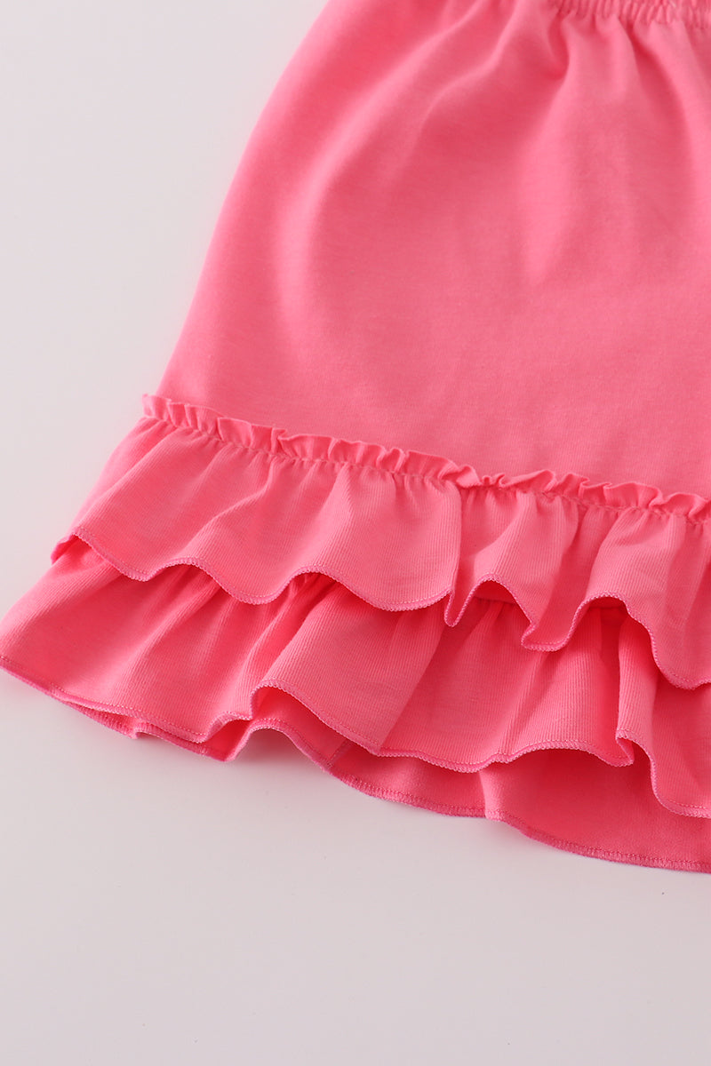Pink bow tie embroidery ruffle shorts set