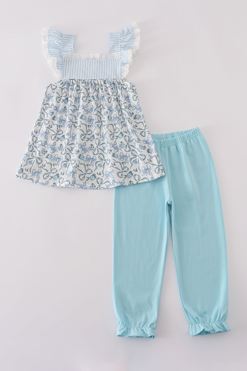 Blue bow & lace print ruffle pants set