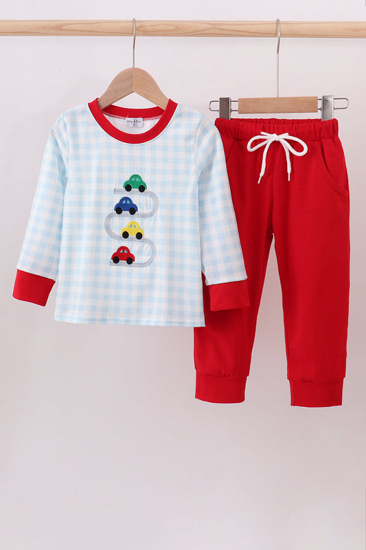 Blue car embroidery gingham pants set