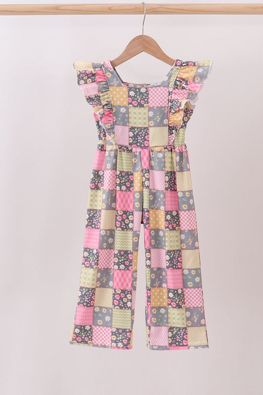 Yellow floral checkered ruffle jumpsuit